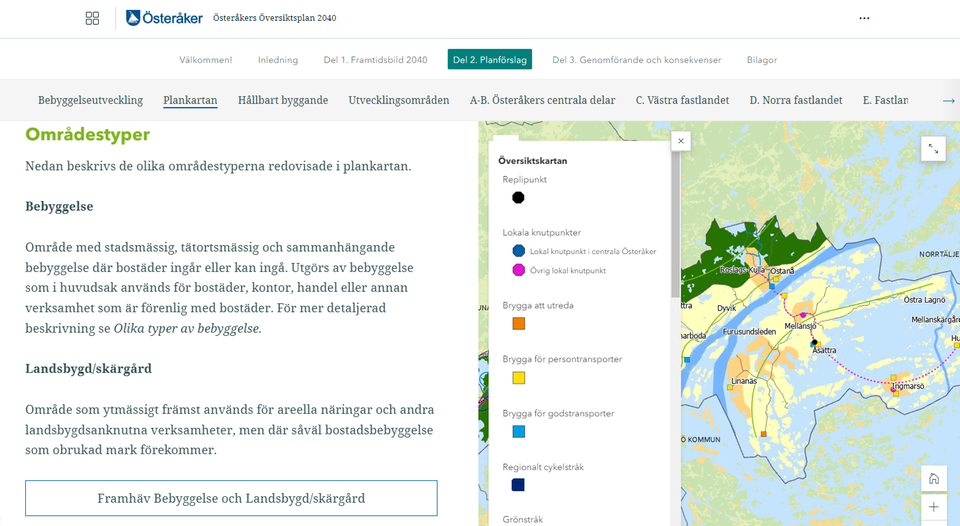 Skärmdump från visualiseringen som visar text till vänster och karta till höger.