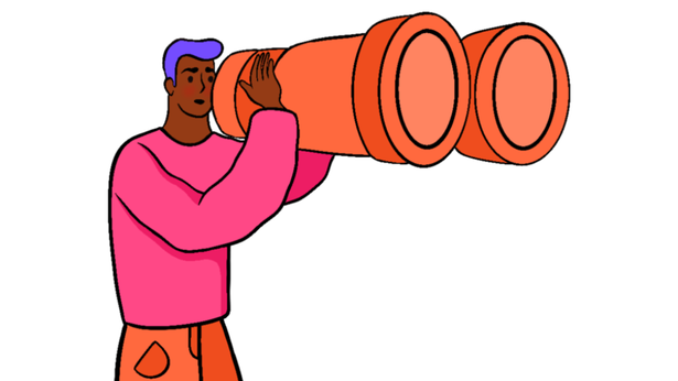 En illustration med en person tittar i stor kikare.