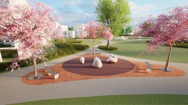 En visualisering över den blivande parken i det nya området Hagby äng och kulle.