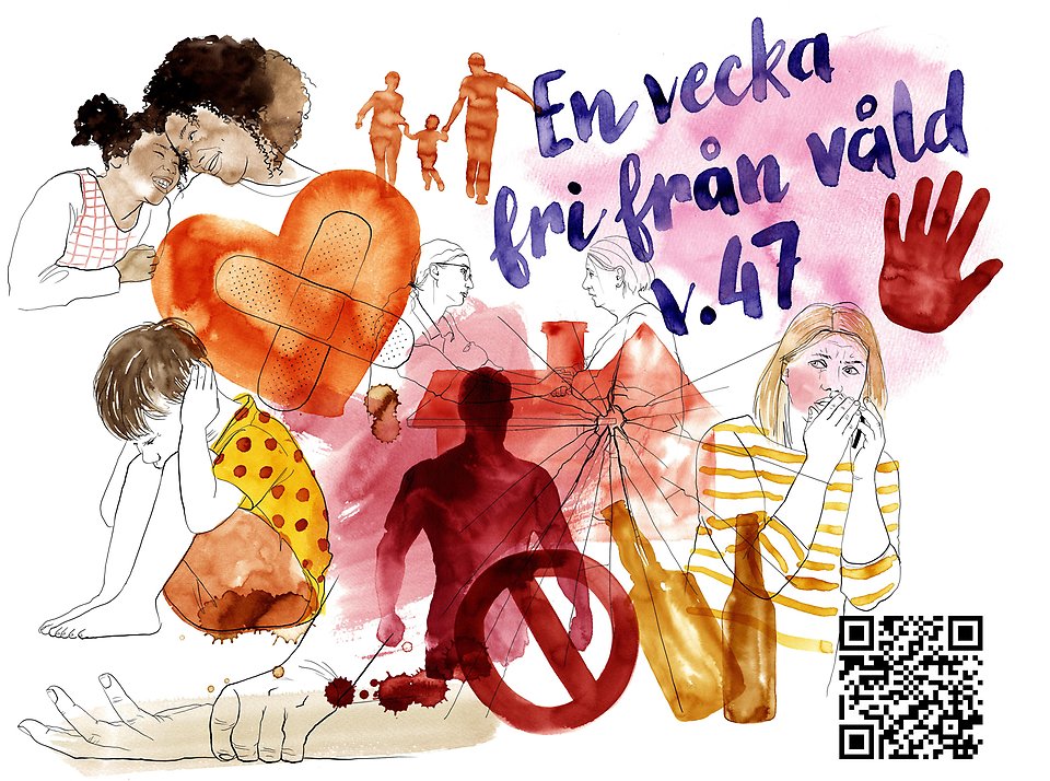 Illustrerad bild, ett orange hjärta, en röd hand, ett barn som sitter ihopkrupen med händerna för öronen, en person som viskande ringer i mobiltelefon, Text med En vecka fri från våld v.47.