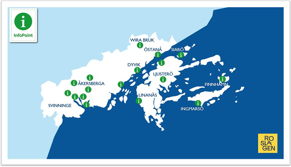 En kartbild över Österåker med alla infopoints utmärkta.