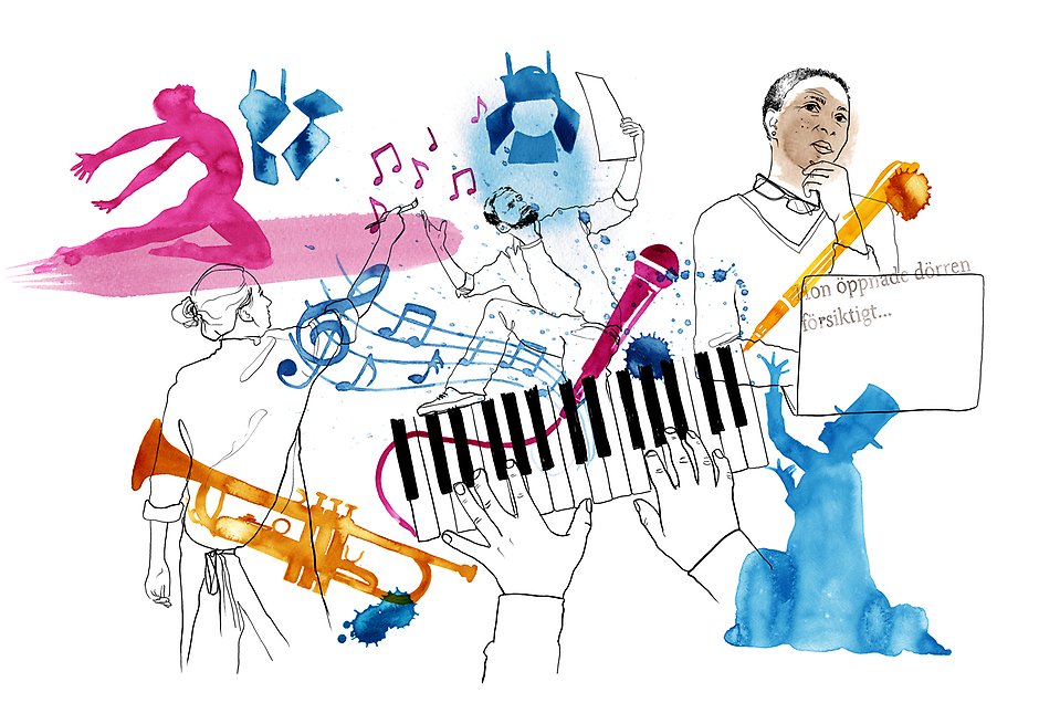 Ett tecknat collage av flera kulturyttringar; spela piano, dansa, spela teater..