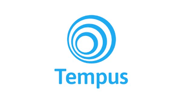 Tempus logga. Vit bakgrund med blå text och 3 blåa ringar.