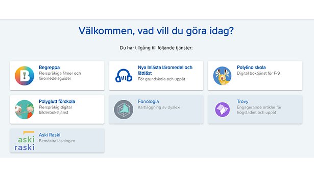 Bilden visar olika tjänster i ILT Education. Inlästa läromedel, Begreppa, Polyglutt och Polylino.