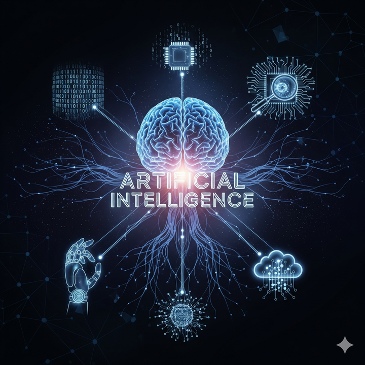 Bild som framställer vad AI kan vara. En hjärna kopplad till olika delar.