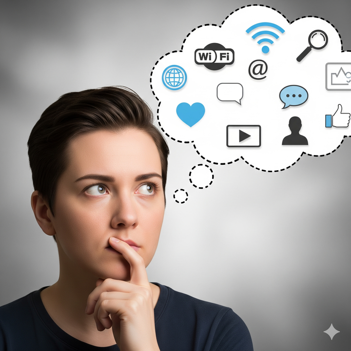 Person med tankebubbla bredvid som tänker på internet och digital kompetens