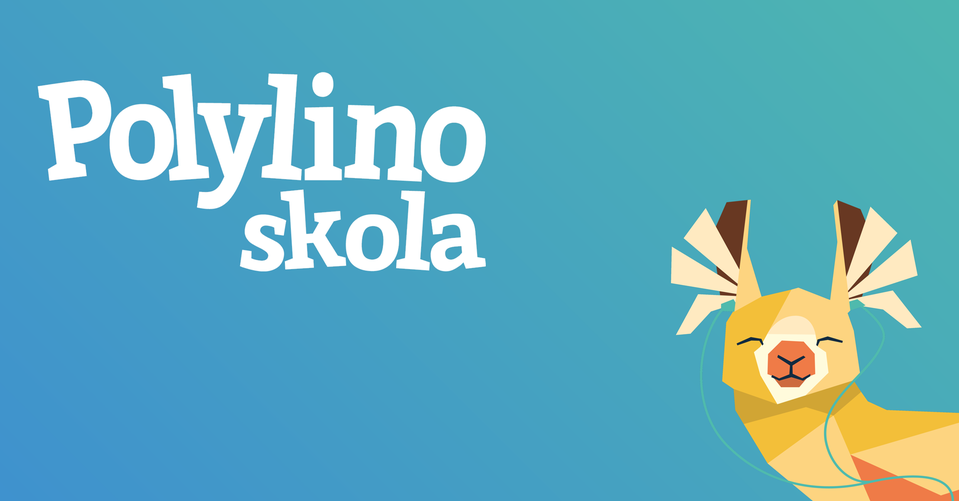 Polylino skola logga med en alpacka. Blå bakgrund med vit text.