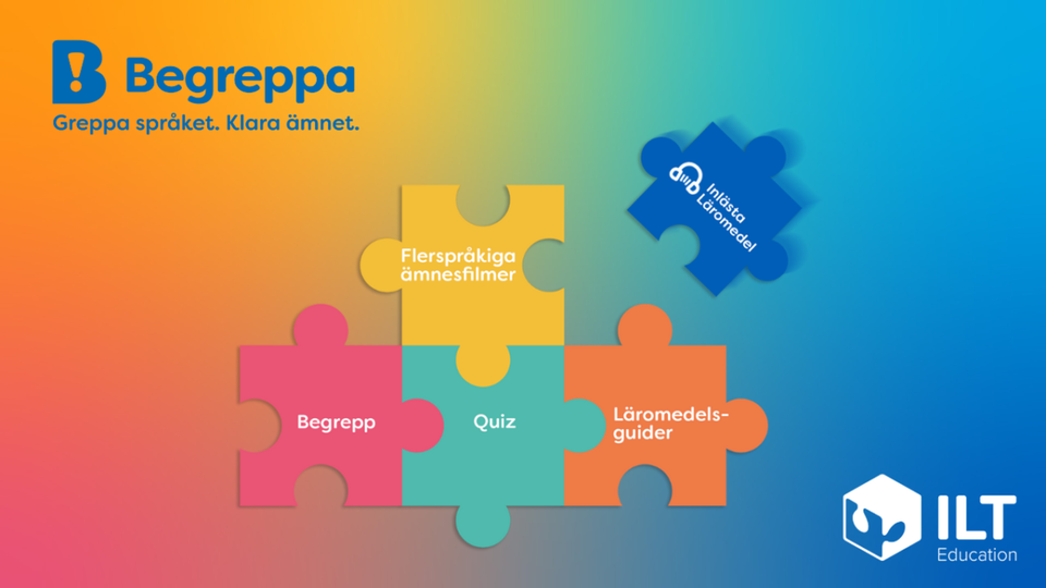 Begreppa logga med olika pusselbitar i färgerna rosa, grön, gul, orange och blå. Varje pusselbit motsvarar de olika delar som finns i tjänsten. Bakgrunden skiftar i många färger.