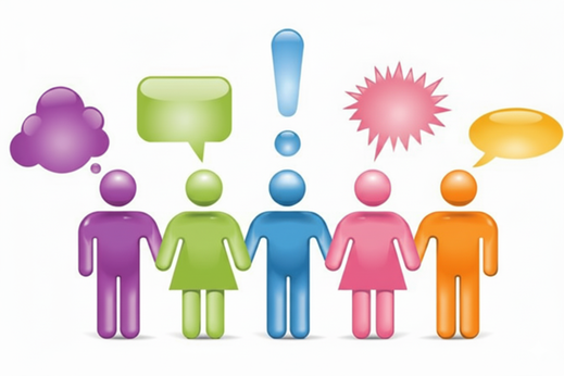 Figurer i olika färger med olika sorters talbubblor över sig.