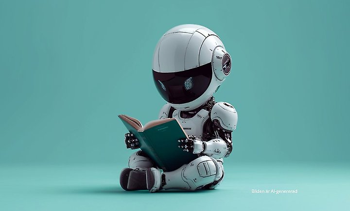Liten vit robot sitter och läser en bok