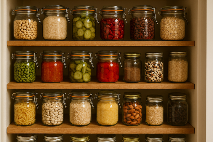 Ett skafferi med burkar i olika färger med olika innehåll.