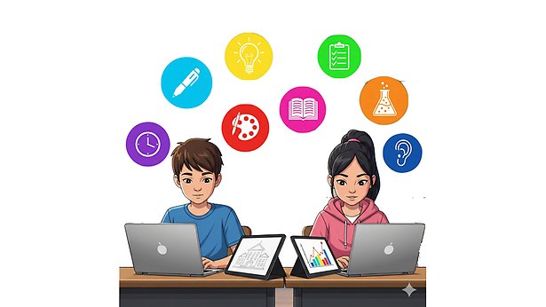 Två barn med datorer och surfplattor framför sig. Ovanför bubblor i olika färger med ikoner för olika skolämnen i sig.