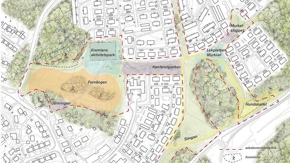 Skånsta illustrationsplan där bland annat Fornängen, Kremlans aktivitetspark och Kantarellparken finns utmärkta.