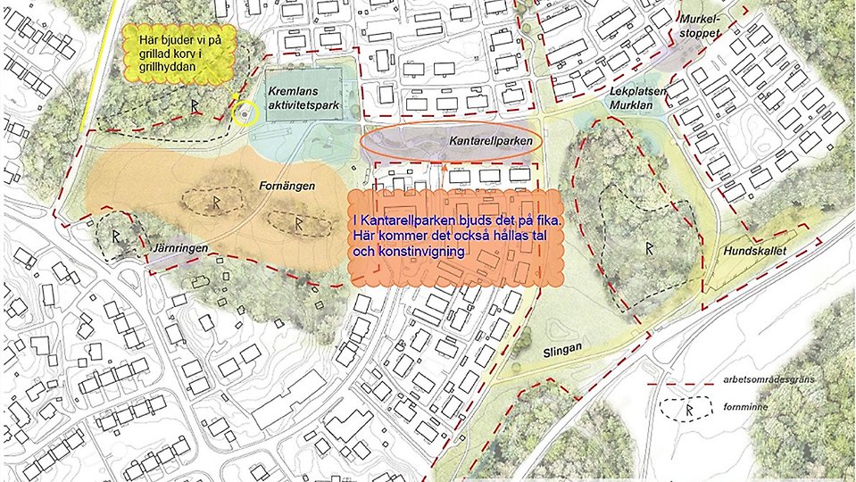 Översikt med Skånsta informationsplan där bland annat Kremlans aktivitetspark, Fornängen och Kantarellparken finns utmärkta.