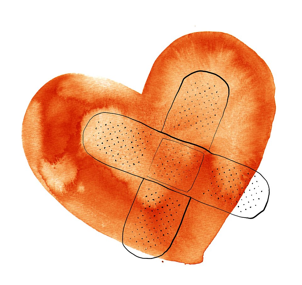 Ett illustrerat rött hjärta med etttvå plåster på som formar ett kryss