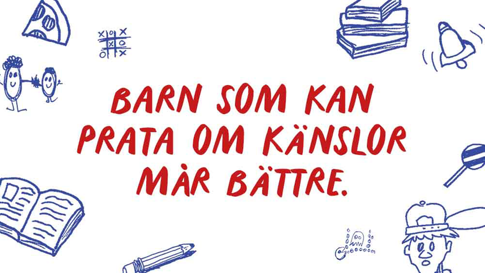 En bild med barnteckningar och texten "Barn som kan prata om känslor mår bättre".