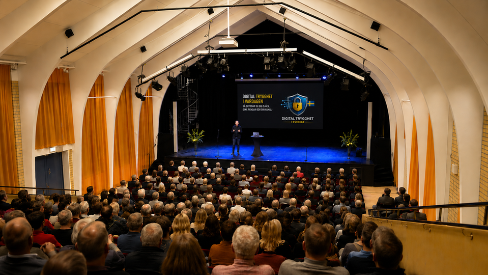 En föreläsare håller föredrag i en fullsatt samlingssal. Bakom föreläsaren syns texten "Digital trygghet i vardagen" på en projektionsduk.