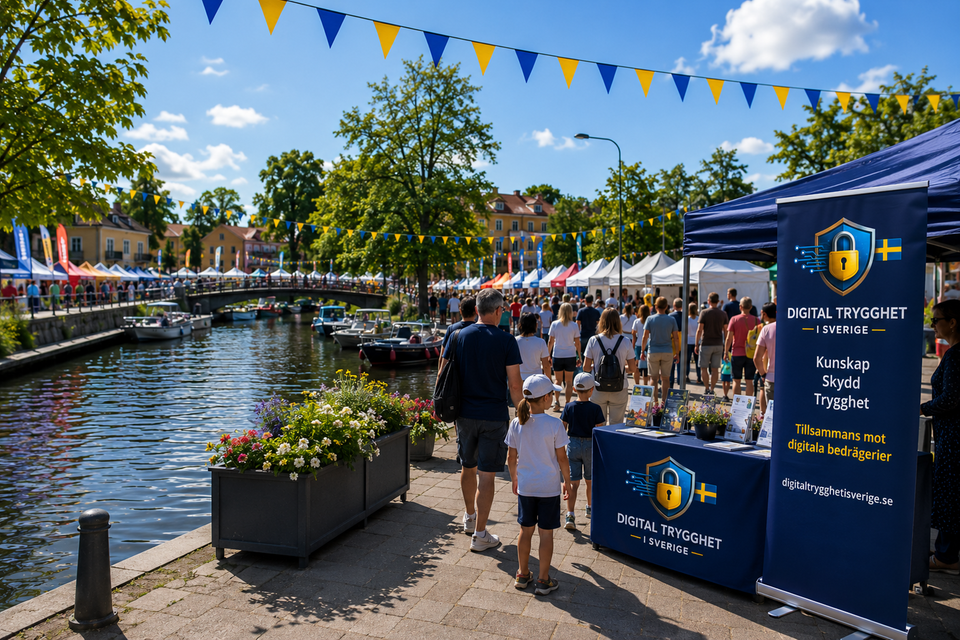 Människor vid en kanal en sommardag. I förgrunden syns en affisch med texten "Digital trygget i Sverige" - "Tillsammans mot digitala bedrägerier"