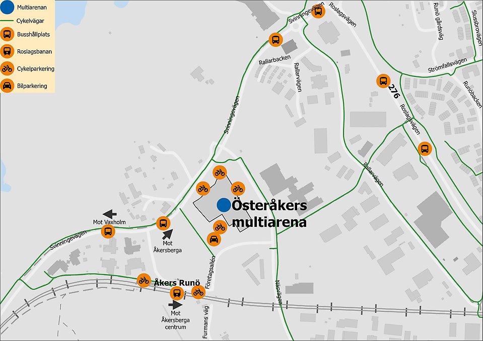 Karta över Österåkers multiarena med markeringar för cykelparkering, cykelvägar, busshållplats, tågstation och bilparkering