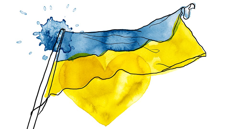 Illustration av en ukrainsk flagga och ett gult hjärta