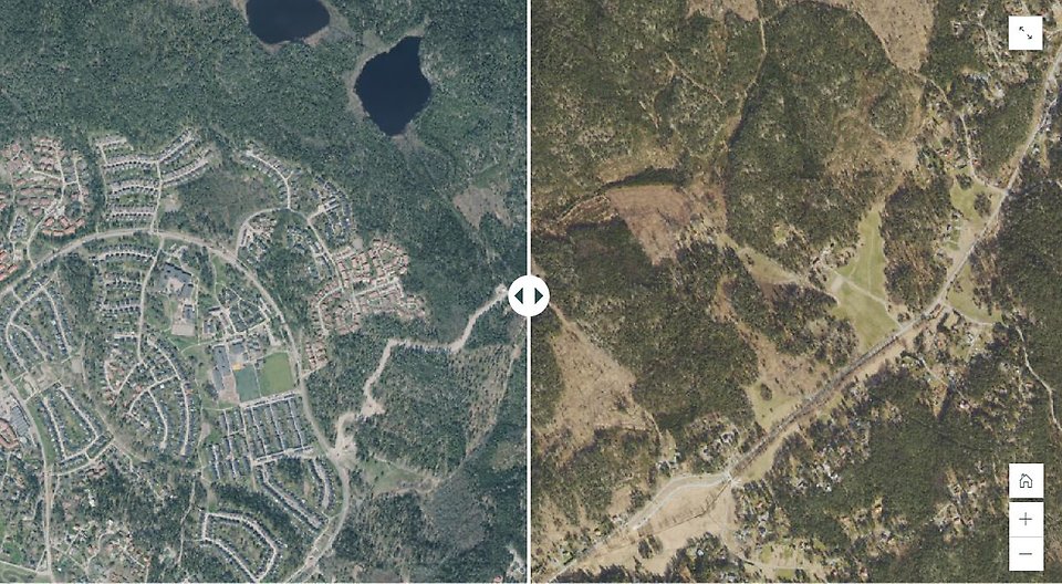 Bilden visar en karta i två delar. Ena delen visar området 2018 och den andra samma område men 2021.