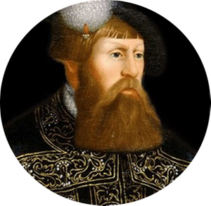 Porträttbild oljemålning av Gustav Vasa med skägg och tidstypiska kläder.