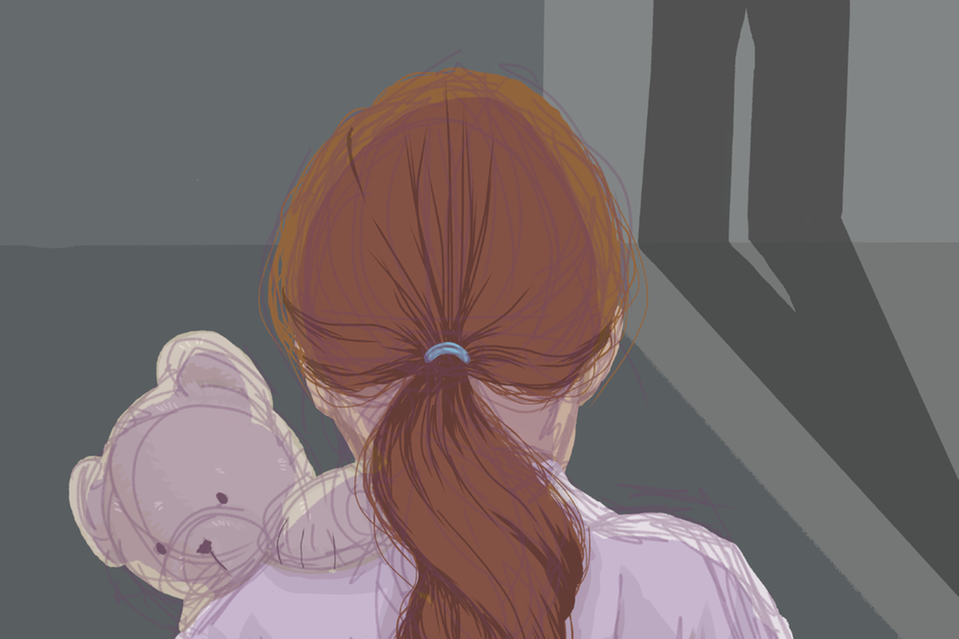 Abstrakt illustration av en flicka sedd bakifrån med en nalle i famnen.