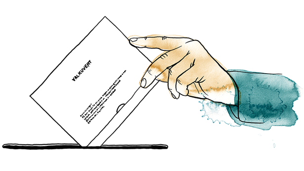 Illustration av människor som står i kö vid en vallokal.