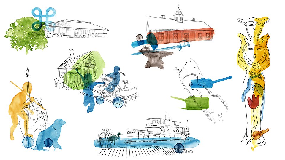 Illustrationen visar den medeltida borgruinen Biskopstuna, Siaröfortet, konstverket Ormkvinnan, Järnvägsparken, Säljägarna, Wira bruk och Åkers kanal.