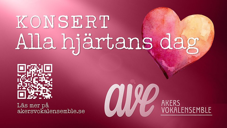 Illustration med texten "Konsert alla hjärtans dag" med Akers vokalensemble och en QR-kod för mer information.