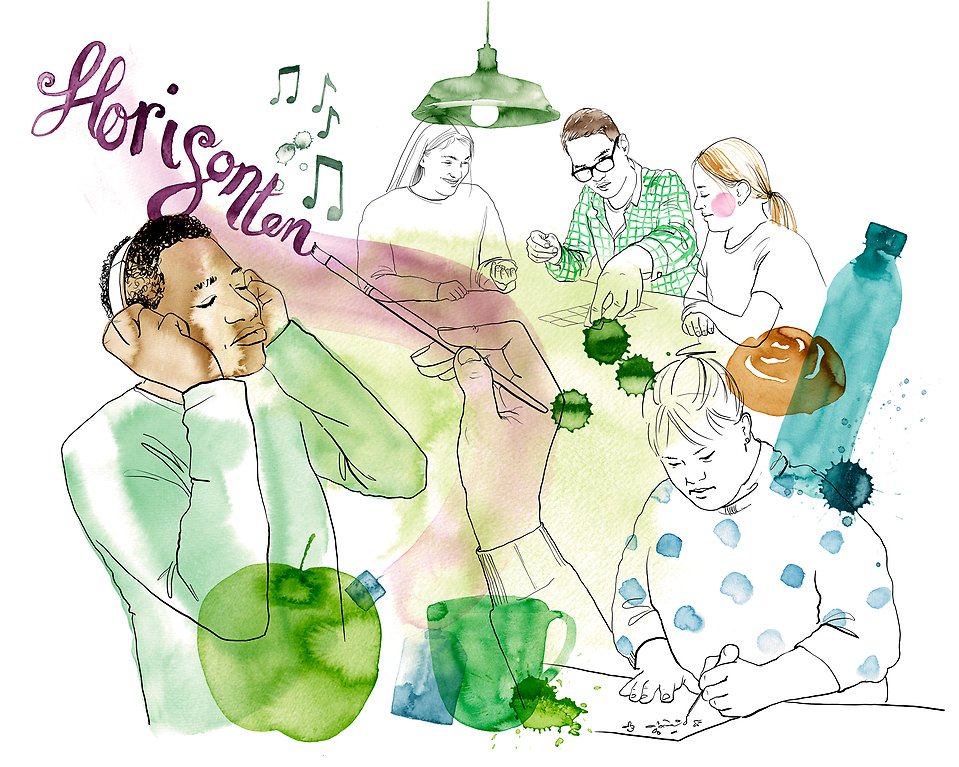 En ung person med funktionsnedsättning skrattar. Hon sitter tillsammans med två andra personer vid ett bord och spelar sällskapsspelet Fia med knuff