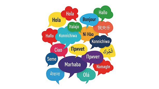 Ordet hej på många olika språk i talbubblor i flera olika färger.