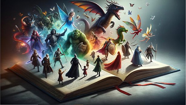 En bok som ligger uppslagen på ett bord. Ur boken kommer sagoväsen och figurer upp.