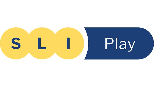 SLI Plays logga. 3 gula bollar med bokstäverna SLI inuti. En blå ikon med texten Play i vitt.