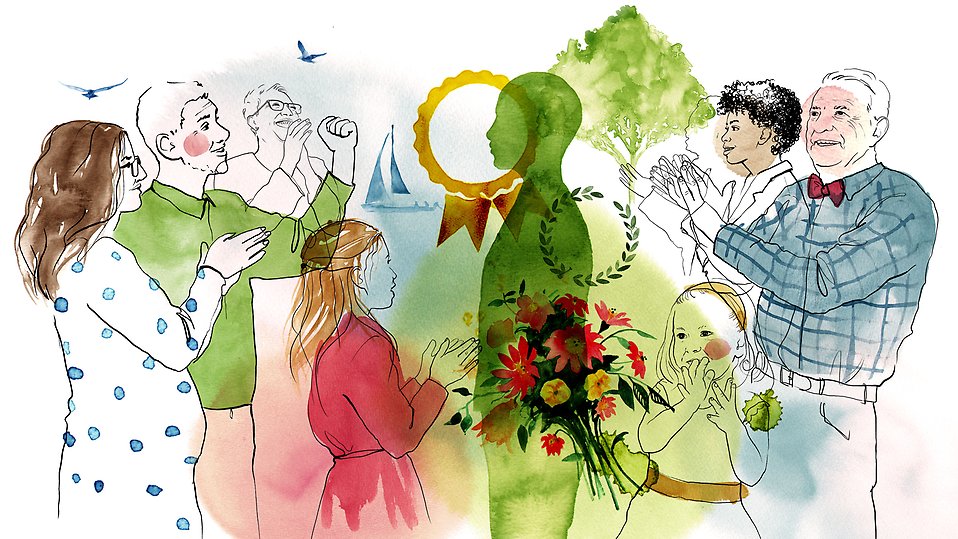 Bilden föreställer en siluett av en person omgiven av applåderande personer i olika åldrar.