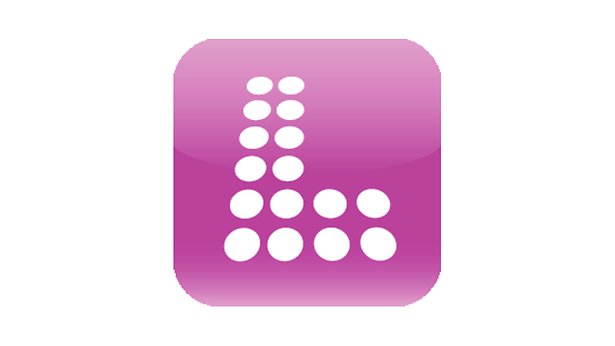 Legimus logga. Lila bakgrund och bokstaven L med vita prickar.