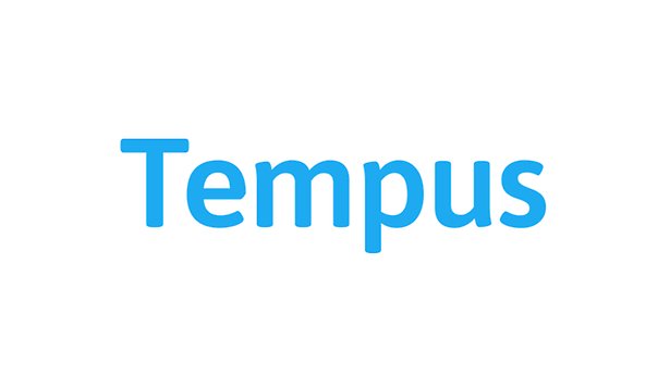 Tempus logga. Vit bakgrund med blå text och 3 blåa ringar.