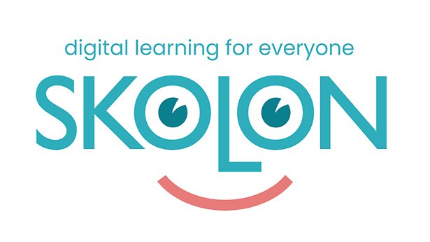 Skolons logga. Beige bakgrund med grön text som även är format som ett ansikte.