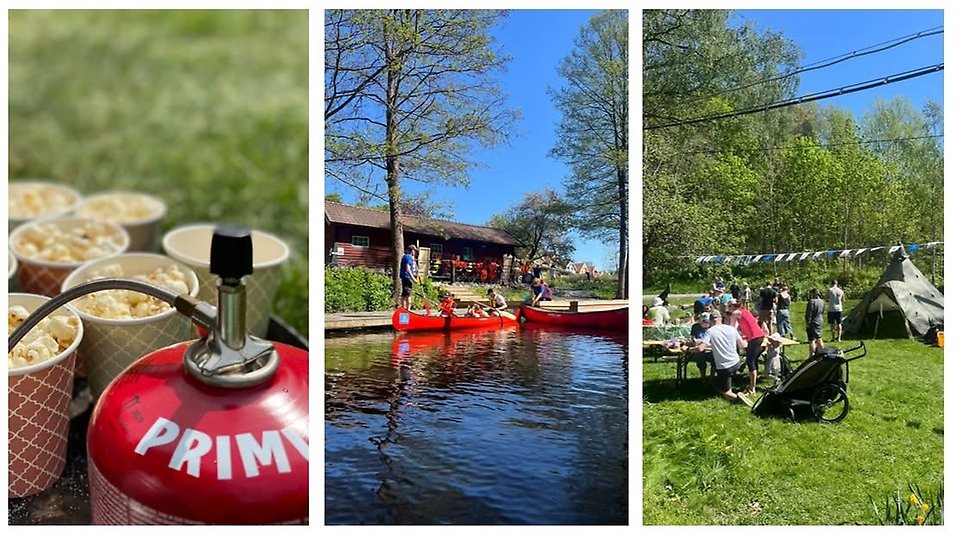 Tre foton som collage - primuskök, kanottur och samling på gräsmattan med unga och gamla