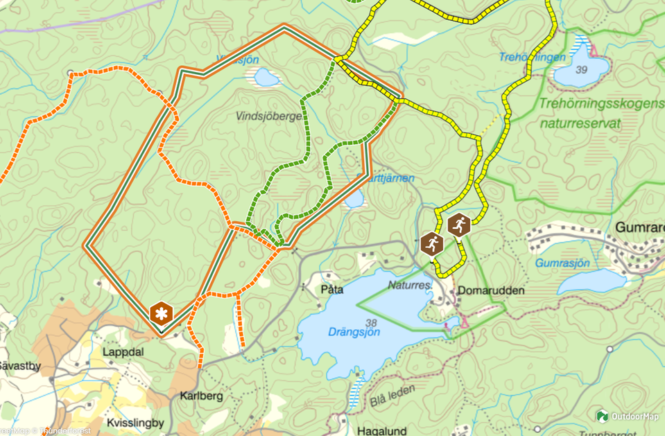 En karta som visar Vindsjöbergens naturreservat där det ligger mellan Lappdal och Domarudden, väster om Domaruddsvägen.