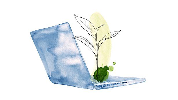 Illustration av en dator i blått där ett litet träd i grönt växer upp ur.