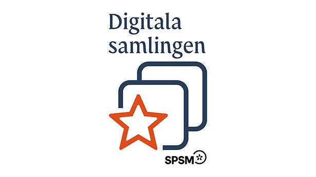 Logga för SPSM Digitala samlingen. Vit bakgrund med en orange stjärna och två blå fyrkanter. Texten digitala samlingen i blått samt SPSM i svart.